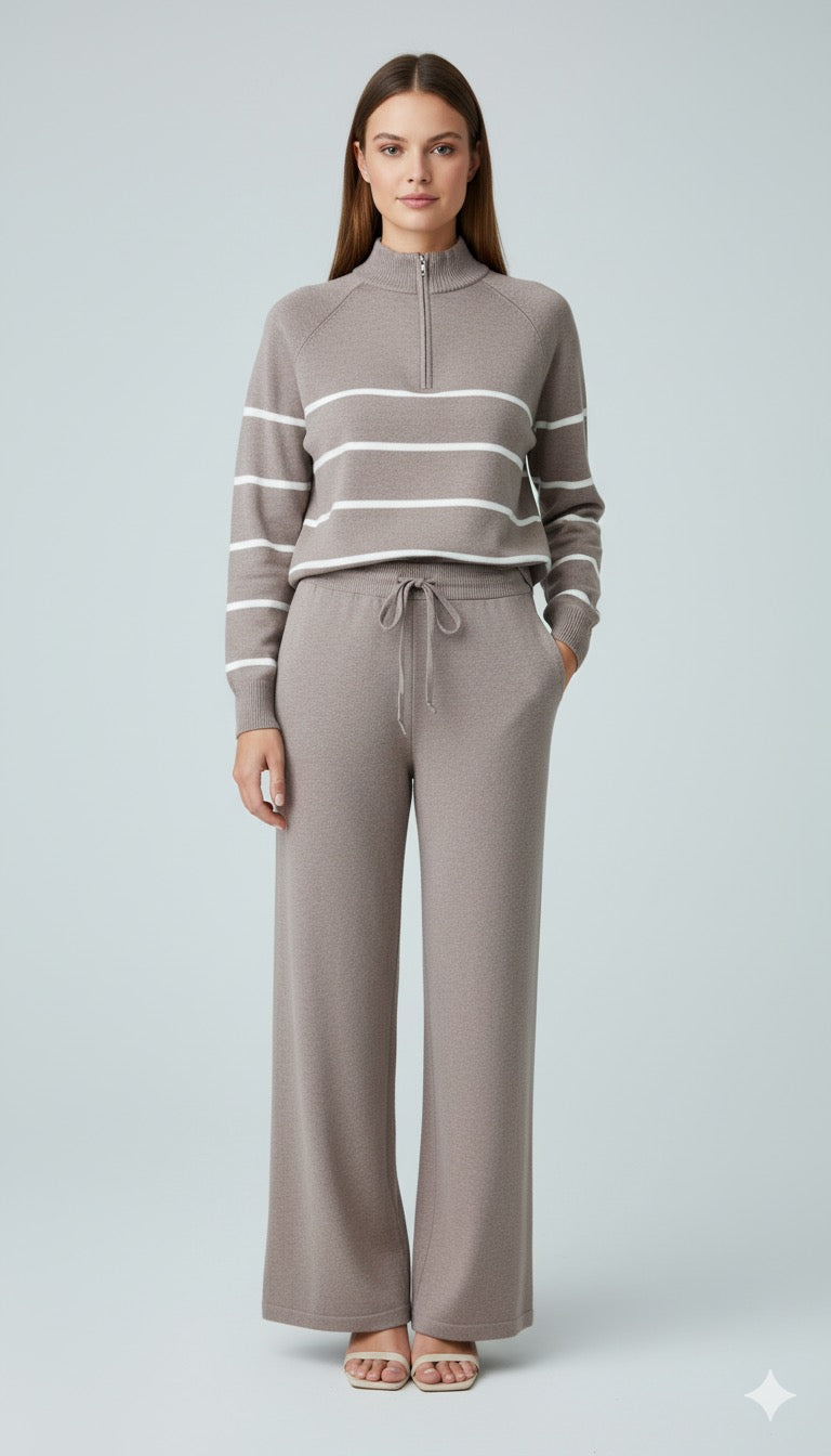 ADL High-End Casual Knitted Half Zipper Collar Top With Wide Leg Pant in grey