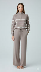 ADL High-End Casual Knitted Half Zipper Collar Top With Wide Leg Pant in grey