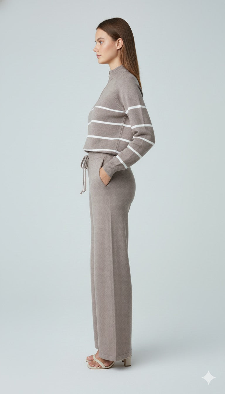 ADL High-End Casual Knitted Half Zipper Collar Top With Wide Leg Pant in grey