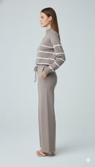 ADL High-End Casual Knitted Half Zipper Collar Top With Wide Leg Pant in grey