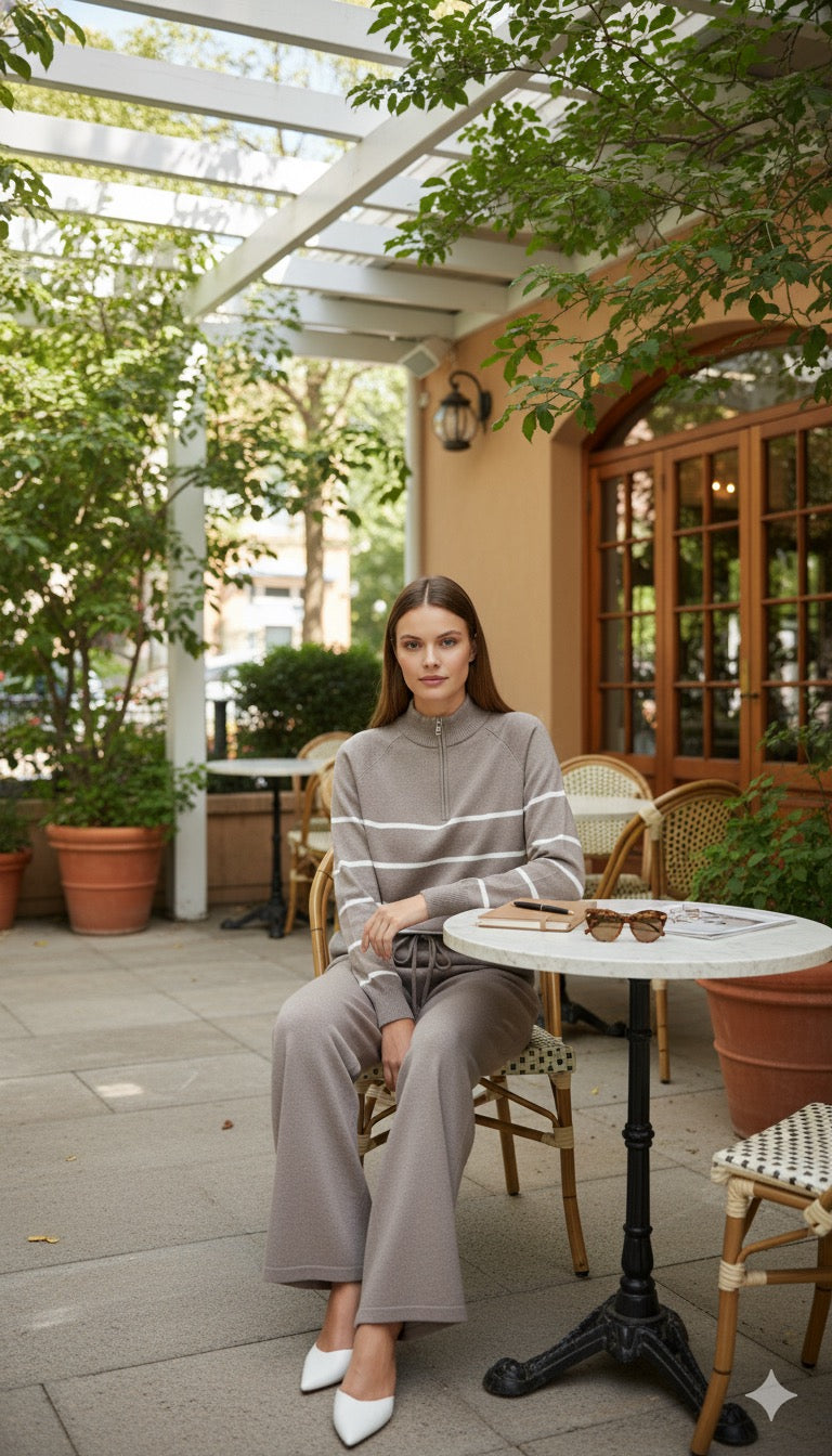 ADL High-End Casual Knitted Half Zipper Collar Top With Wide Leg Pant in grey