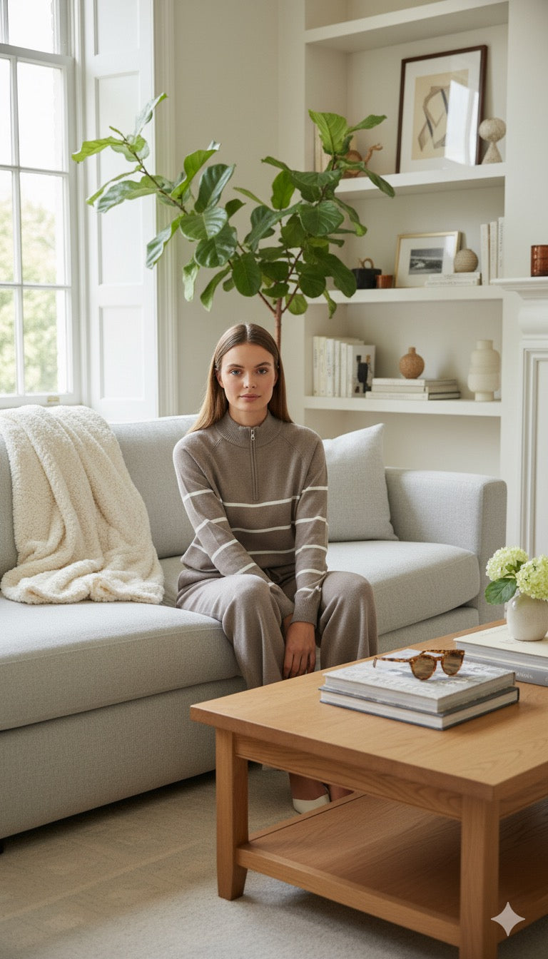 ADL High-End Casual Knitted Half Zipper Collar Top With Wide Leg Pant in grey