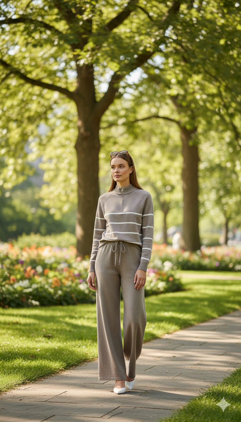 ADL High-End Casual Knitted Half Zipper Collar Top With Wide Leg Pant in grey