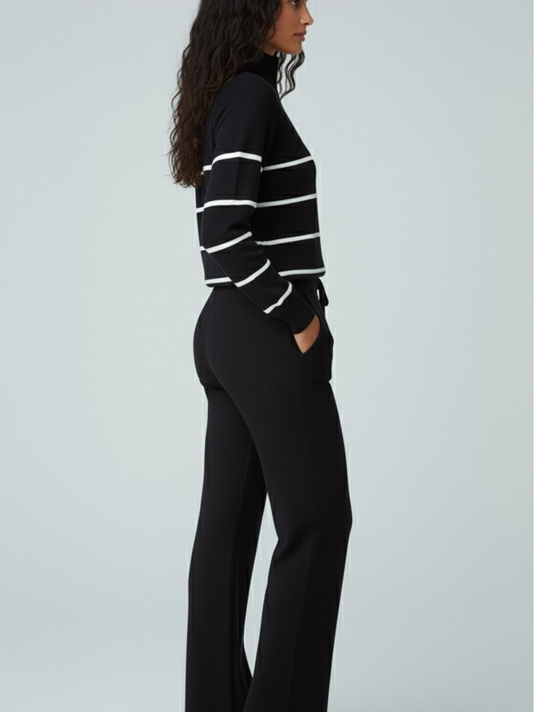 ADL High-End Casual Knitted Half Zipper Collar Top With Wide Leg Pant in Black