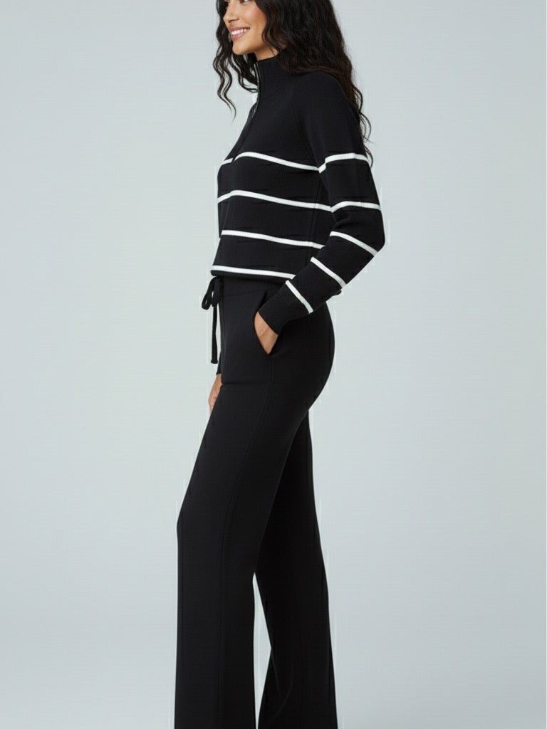 ADL High-End Casual Knitted Half Zipper Collar Top With Wide Leg Pant in Black