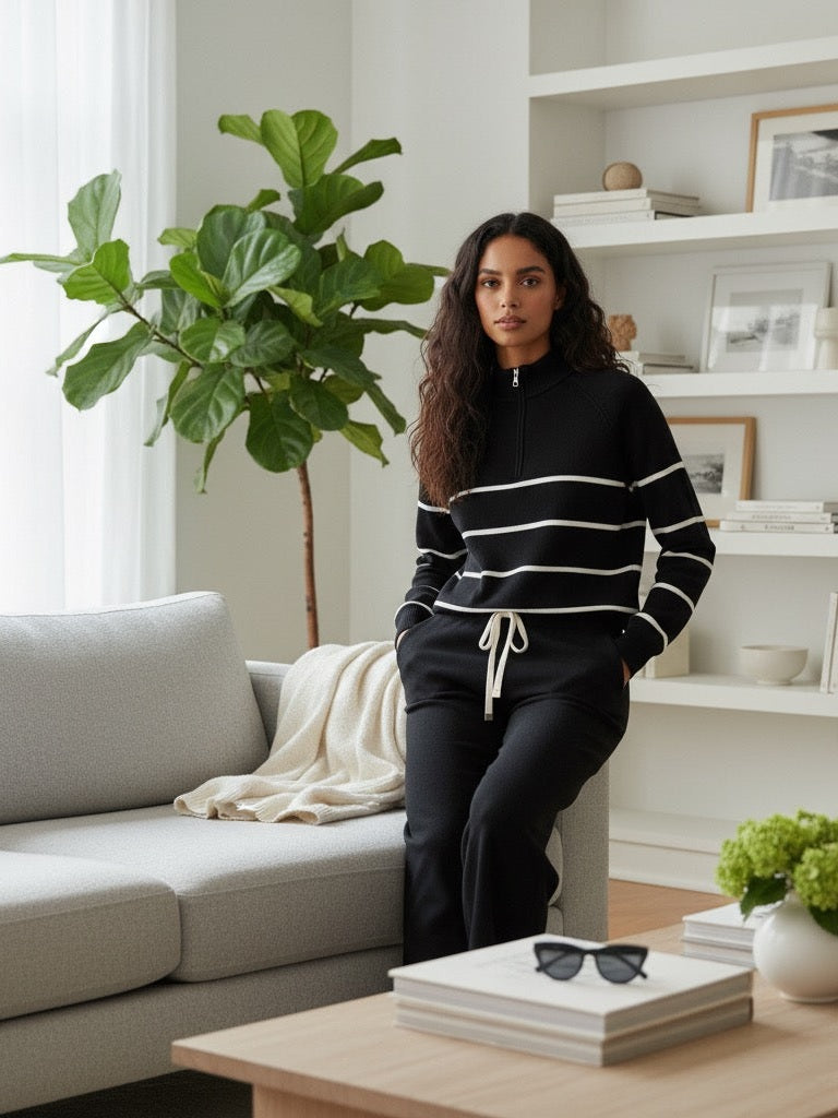 ADL High-End Casual Knitted Half Zipper Collar Top With Wide Leg Pant in Black