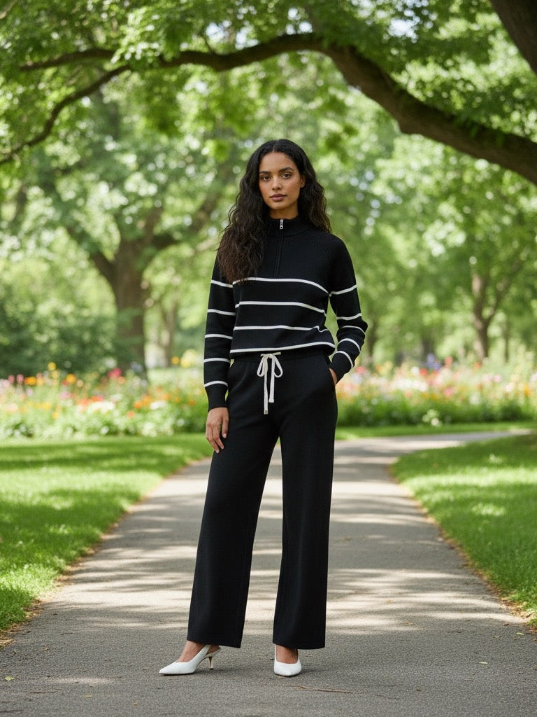 ADL High-End Casual Knitted Half Zipper Collar Top With Wide Leg Pant in Black