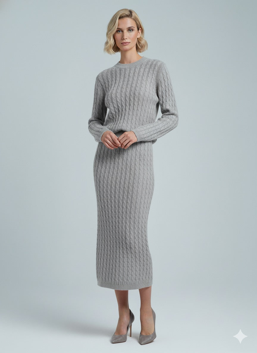 The ADL Soft Cable Jumper and Midi Skirt Co-Ord Set in grey