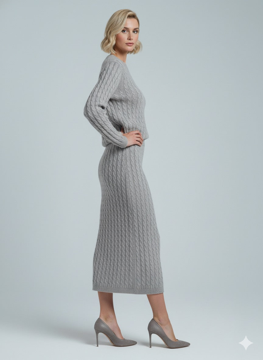 The ADL Soft Cable Jumper and Midi Skirt Co-Ord Set in grey