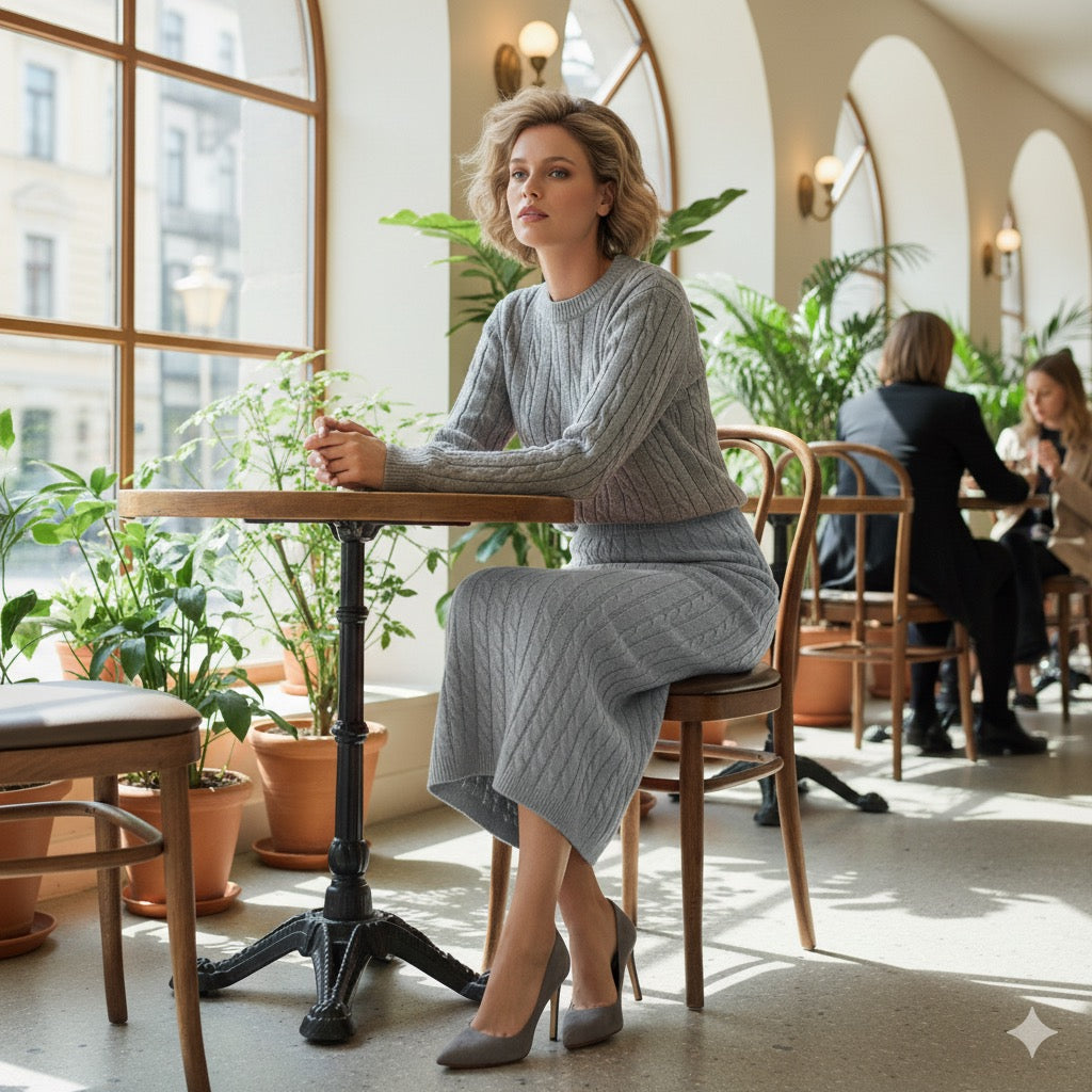 The ADL Soft Cable Jumper and Midi Skirt Co-Ord Set in grey