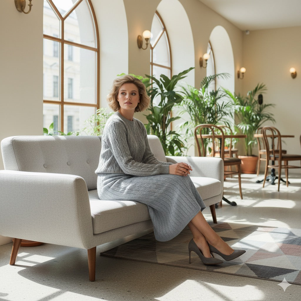 The ADL Soft Cable Jumper and Midi Skirt Co-Ord Set in grey