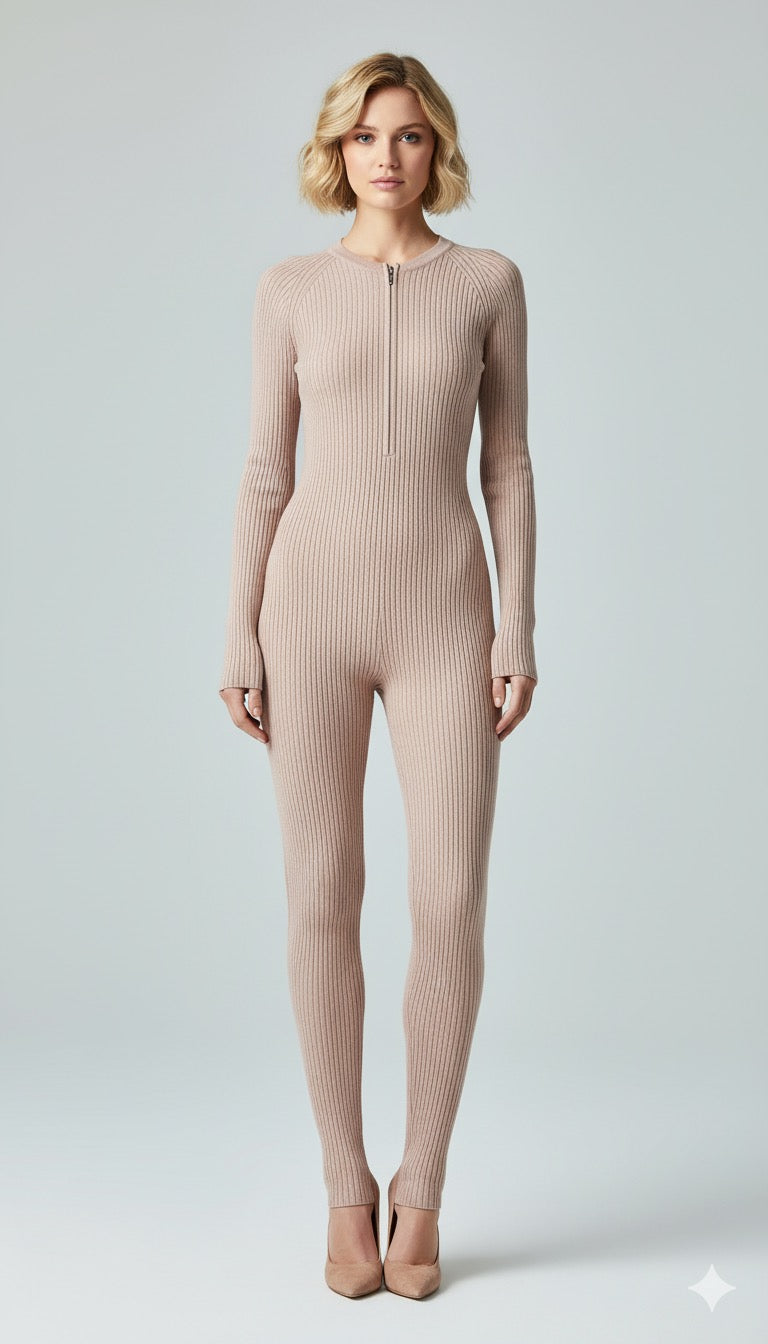 ADL Ribbed Long Sleeve Zipper Jumpsuit