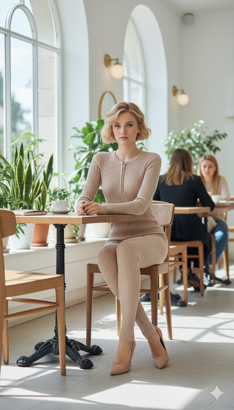 ADL Ribbed Long Sleeve Zipper Jumpsuit