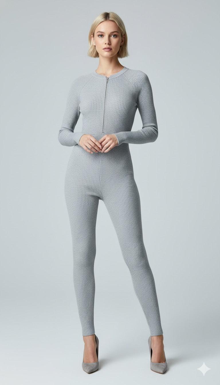 ADL Ribbed Long Sleeve Zipper Jumpsuit
