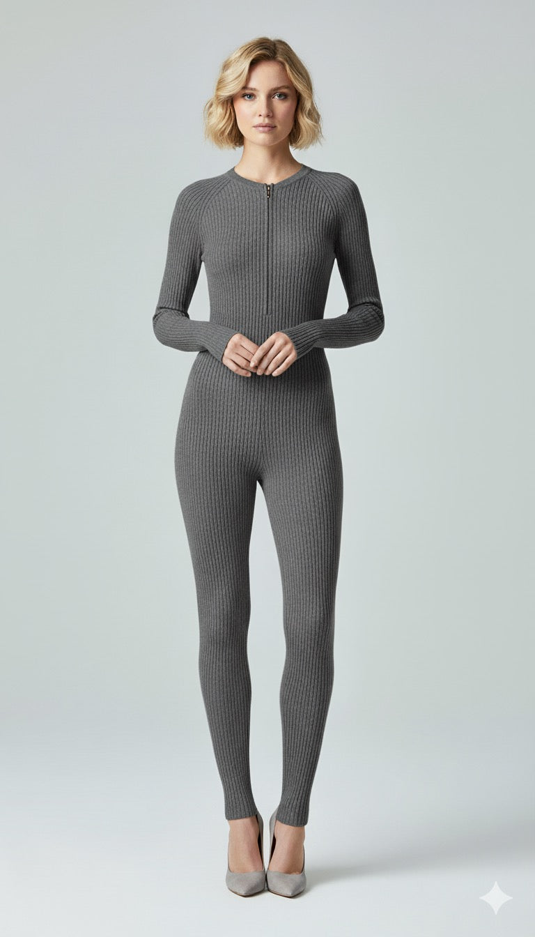 ADL Ribbed Long Sleeve Zipper Jumpsuit