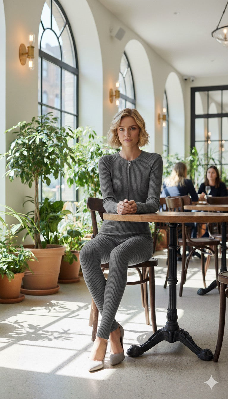 ADL Ribbed Long Sleeve Zipper Jumpsuit