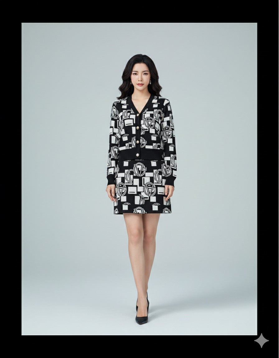 AD Autumn Winter Long Sleeve Knitted Cardigan 2 Pcs Set