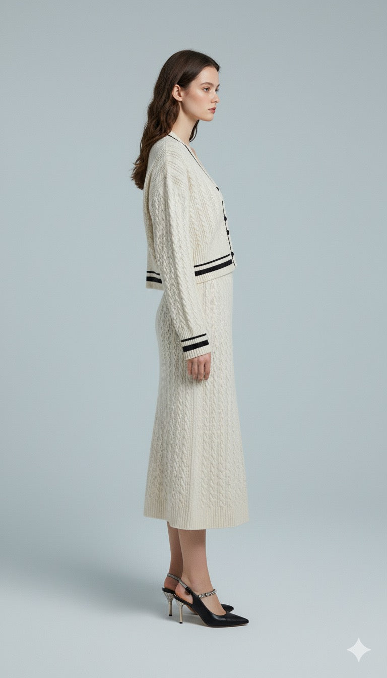 AD Textured Retro Knitted 2 Pcs Set in Cream