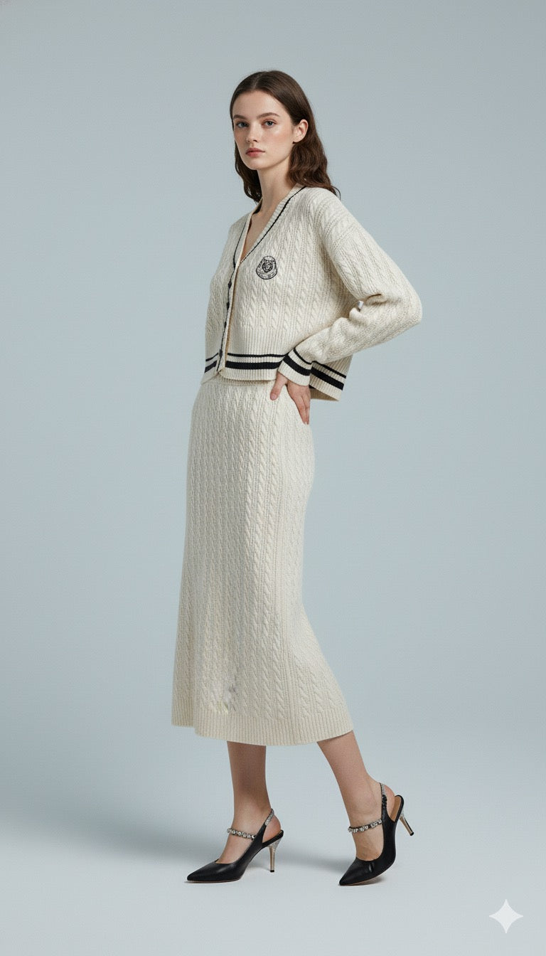 AD Textured Retro Knitted 2 Pcs Set in Cream