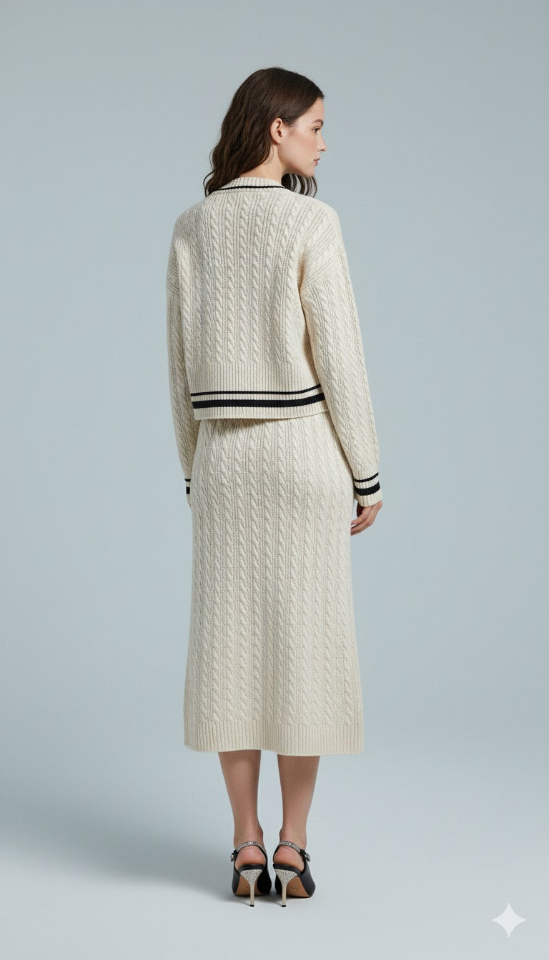 AD Textured Retro Knitted 2 Pcs Set in Cream