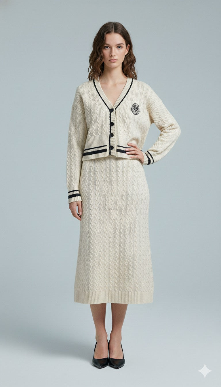 AD Textured Retro Knitted 2 Pcs Set in Cream