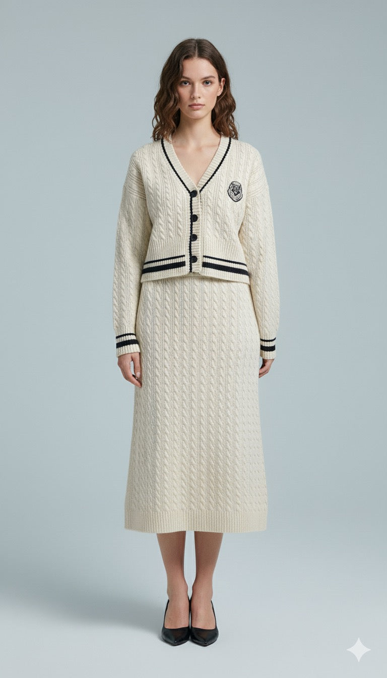 AD Textured Retro Knitted 2 Pcs Set in Cream