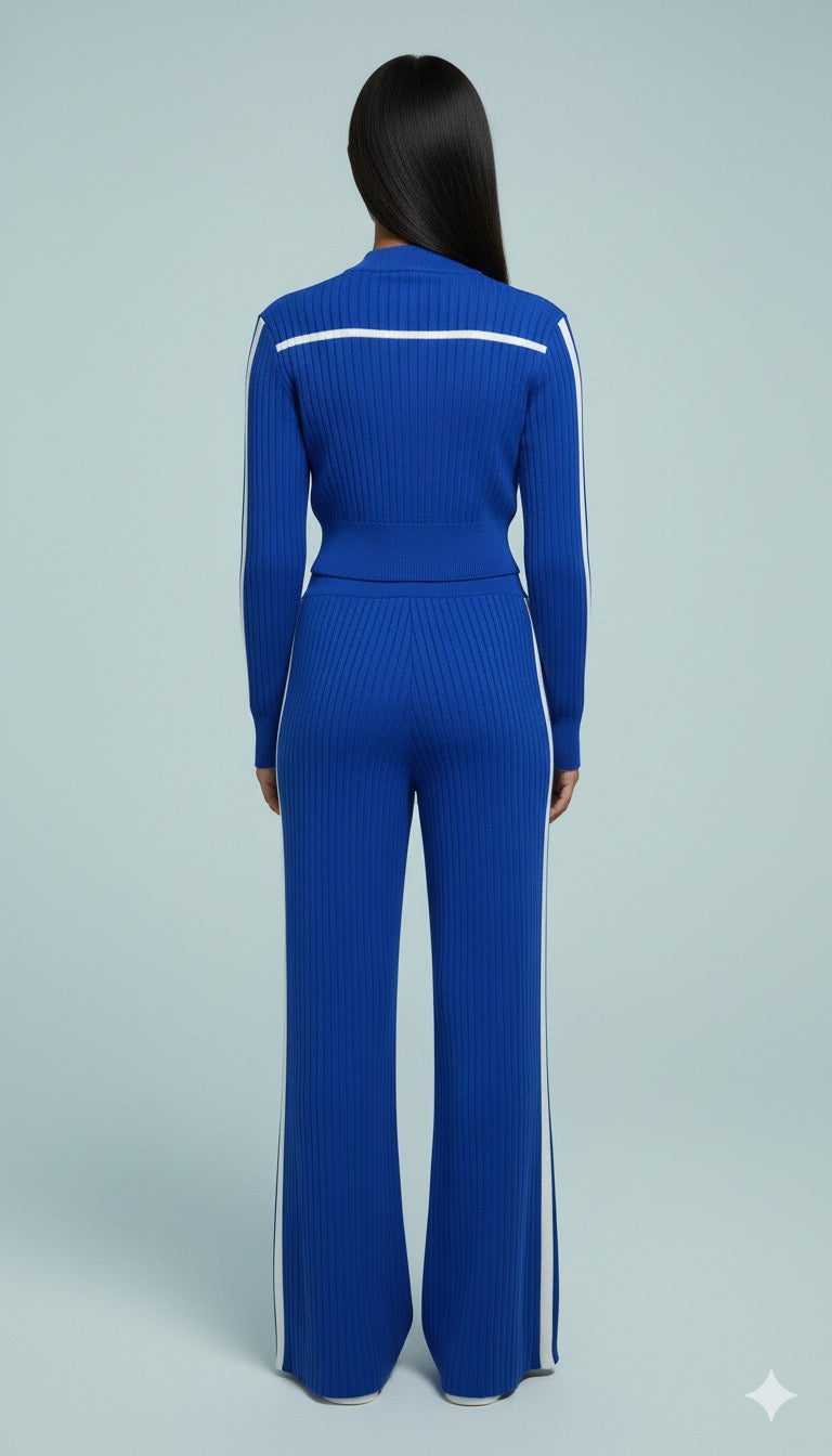 AD Sporty Knitted Chic 2 Pcs Set Wide Leg Pant Set in Navy