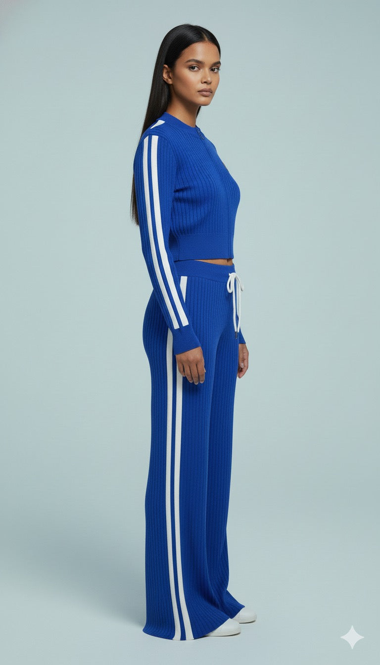 AD Sporty Knitted Chic 2 Pcs Set Wide Leg Pant Set in Navy