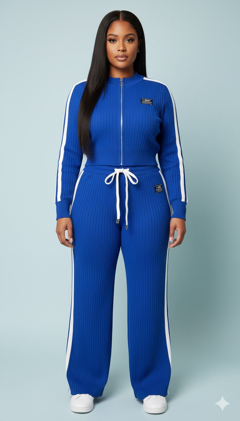 AD Sporty Knitted Chic 2 Pcs Set Wide Leg Pant Set in Navy