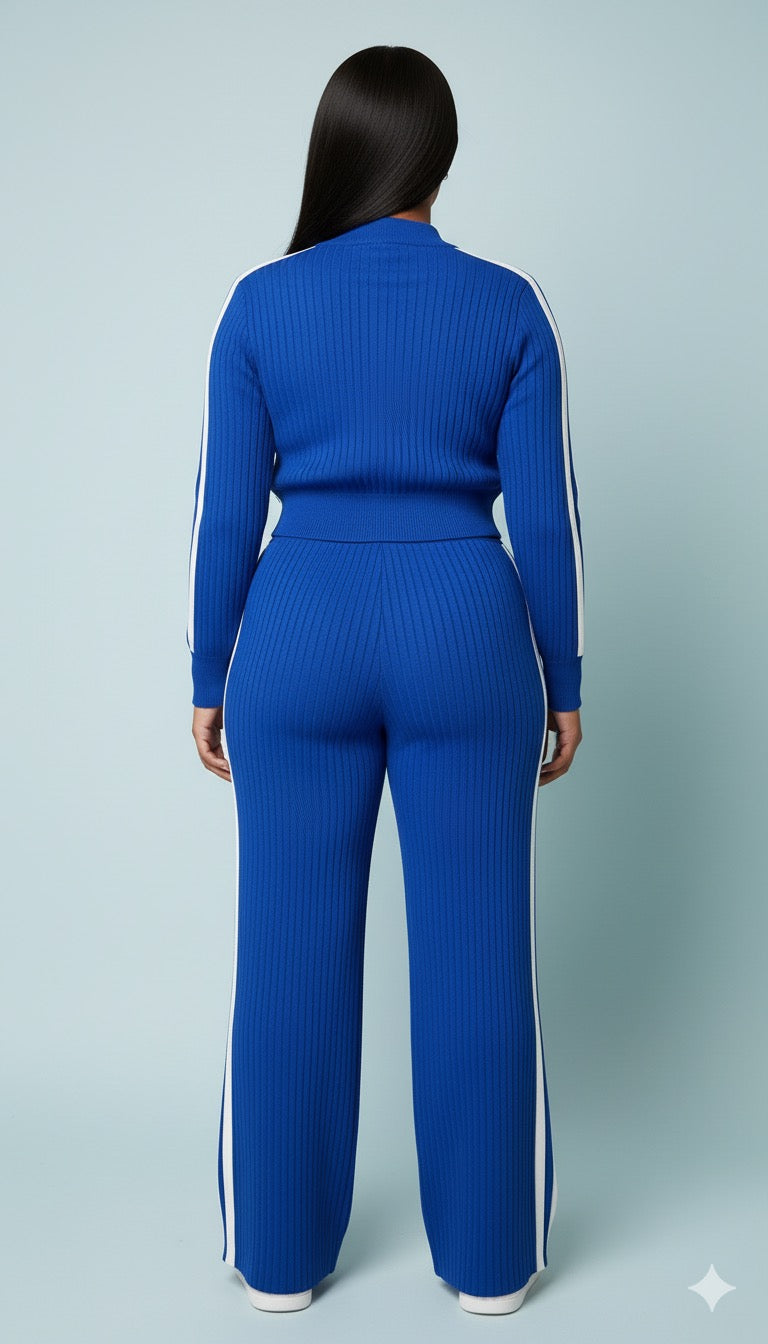 AD Sporty Knitted Chic 2 Pcs Set Wide Leg Pant Set in Navy