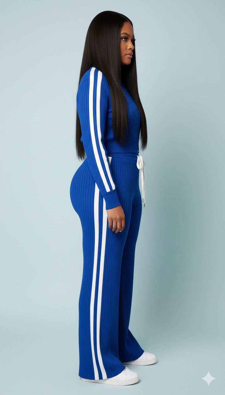 AD Sporty Knitted Chic 2 Pcs Set Wide Leg Pant Set in Navy