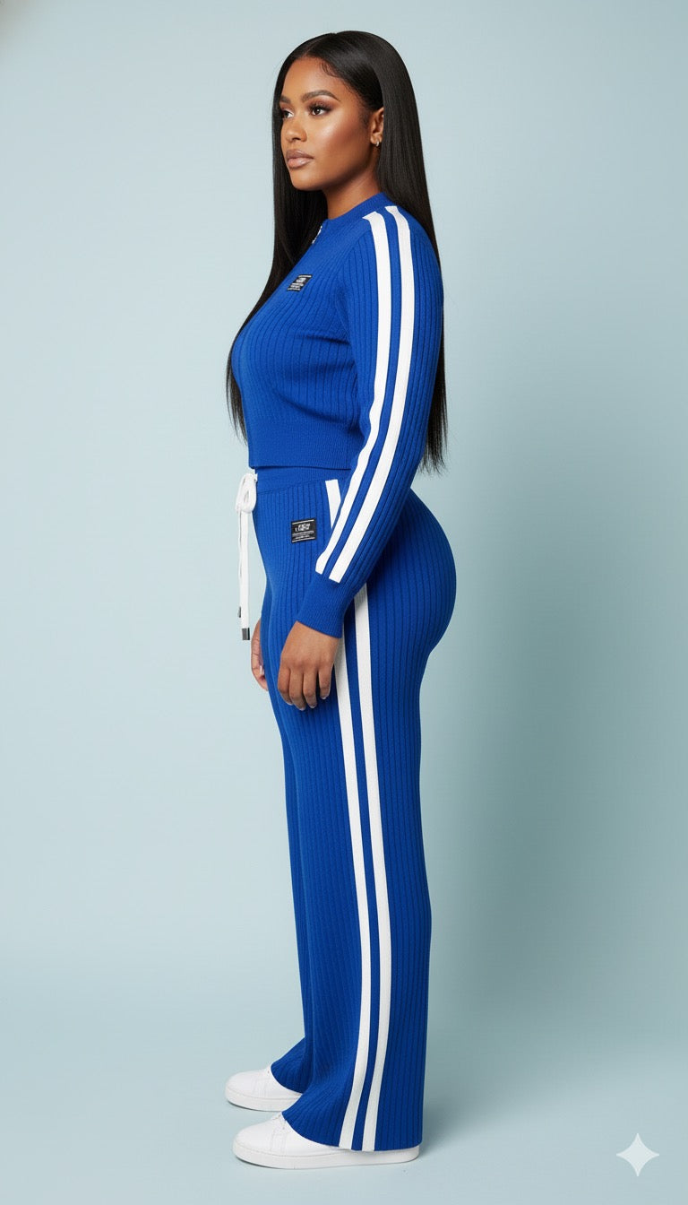 AD Sporty Knitted Chic 2 Pcs Set Wide Leg Pant Set in Navy