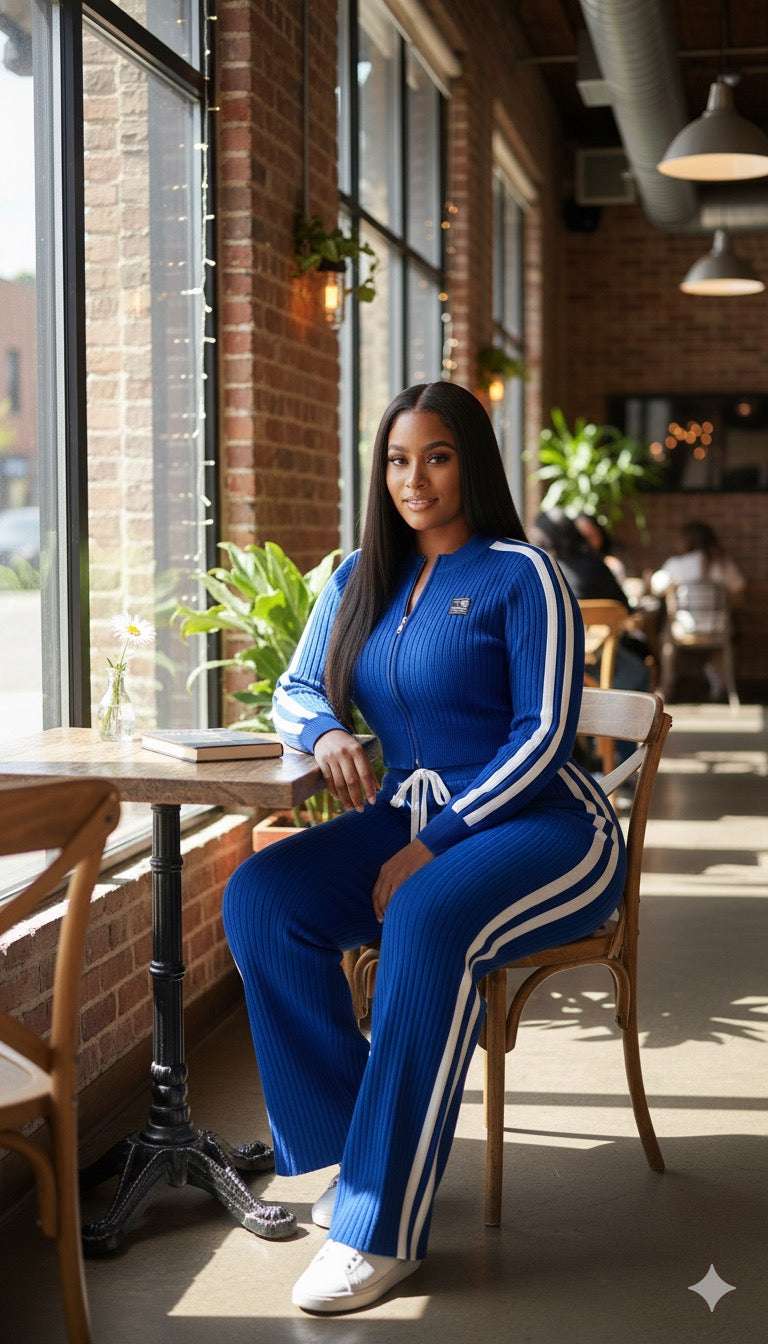 AD Sporty Knitted Chic 2 Pcs Set Wide Leg Pant Set in Navy