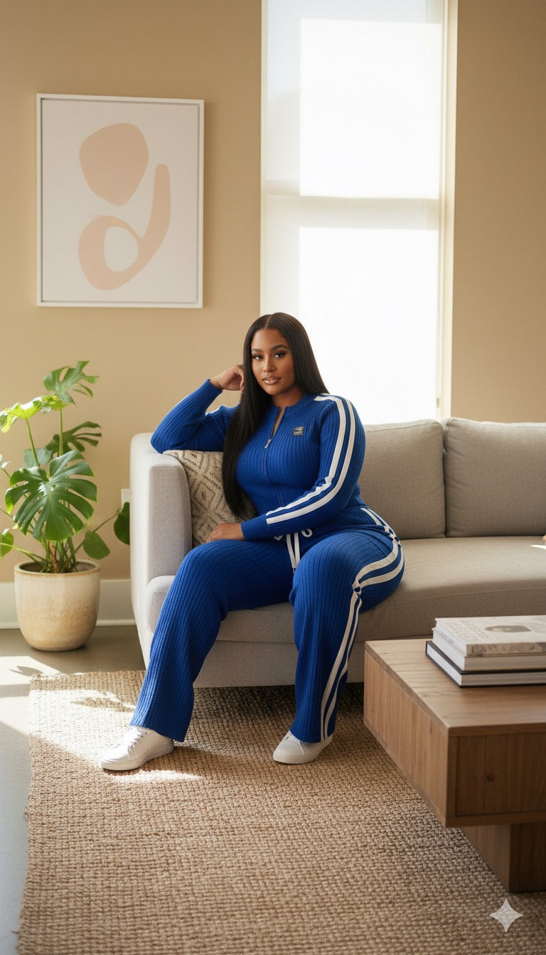 AD Sporty Knitted Chic 2 Pcs Set Wide Leg Pant Set in Navy