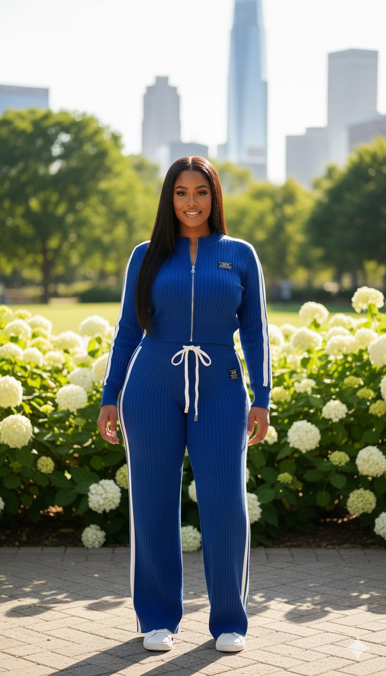 AD Sporty Knitted Chic 2 Pcs Set Wide Leg Pant Set in Navy