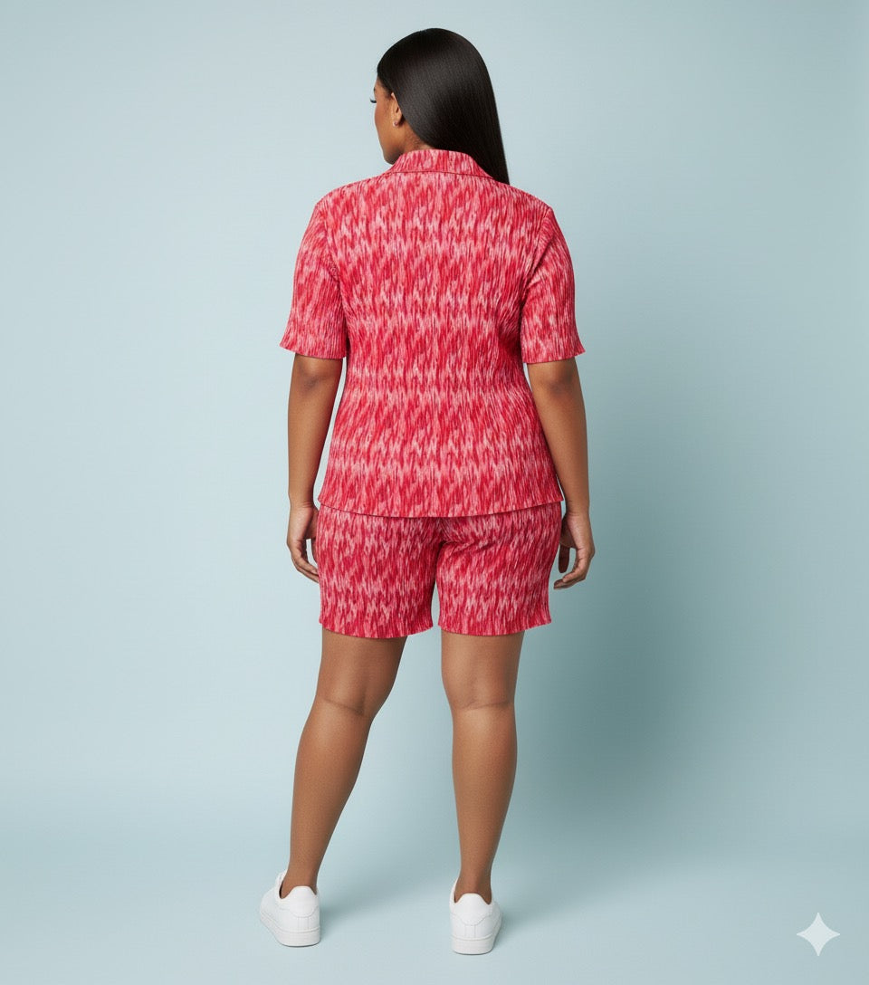 ADL Pleated Abstract Pink and White Print Short 2 Pcs Set