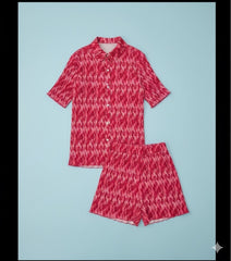 ADL Pleated Abstract Pink and White Print Short 2 Pcs Set