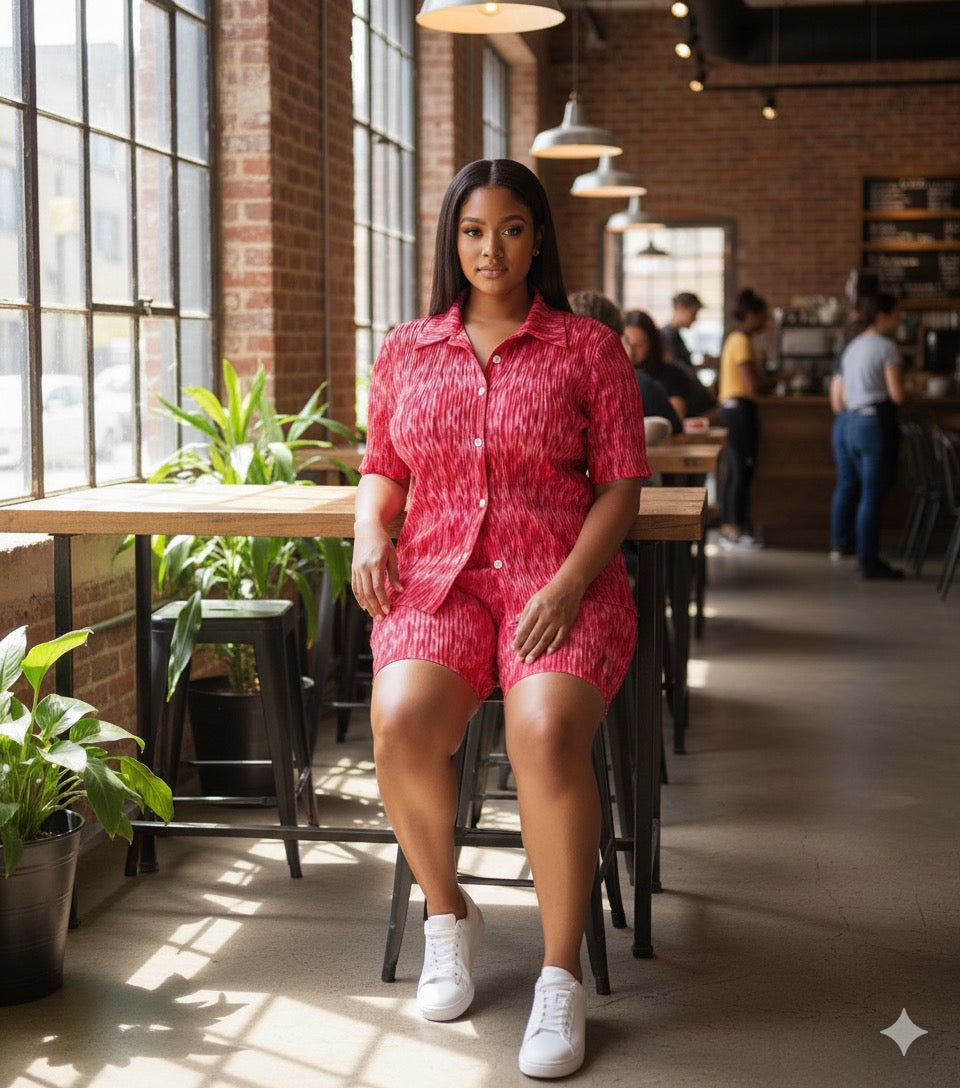 ADL Pleated Abstract Pink and White Print Short 2 Pcs Set