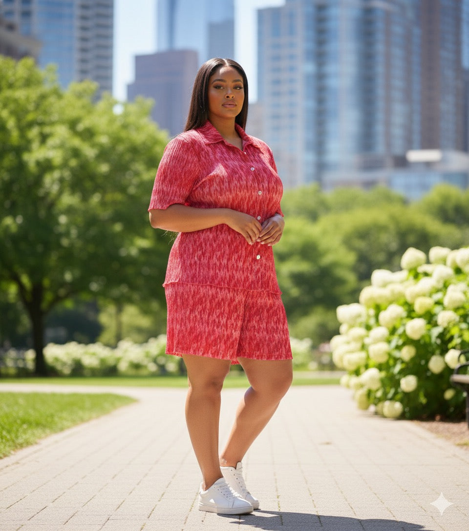 ADL Pleated Abstract Pink and White Print Short 2 Pcs Set