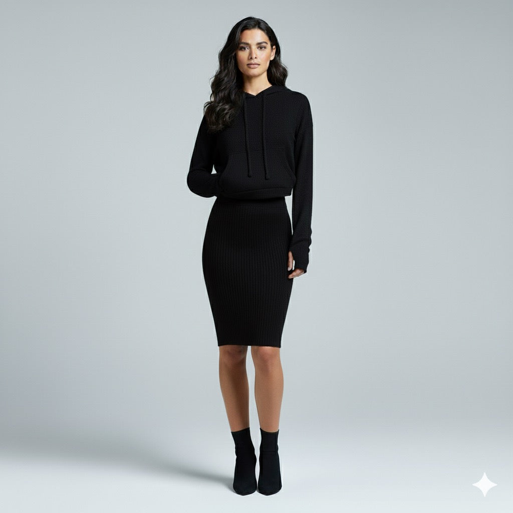 AD Black Knitted Hoodie Midi 2 Pcs Set