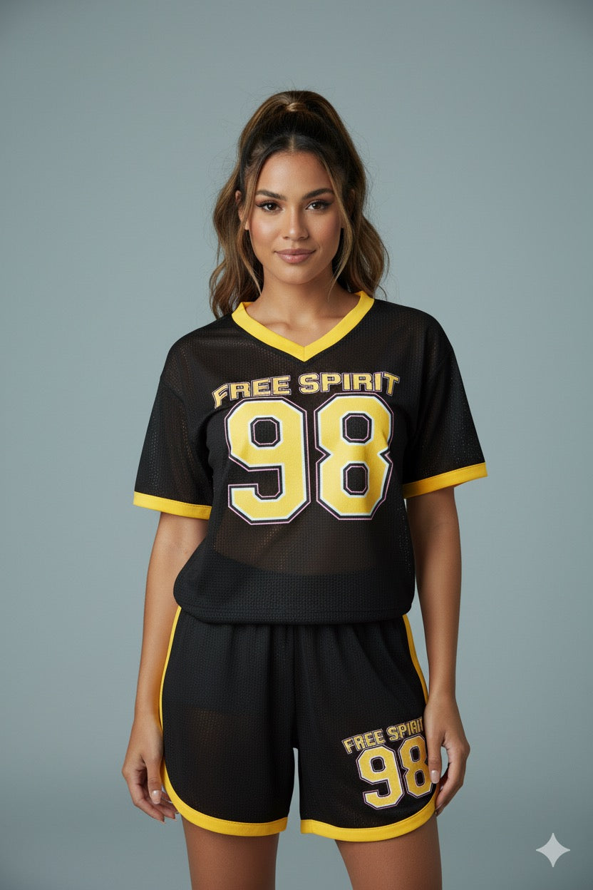 AD Retro Digital Print Casual Versatile Short 2 Pcs set in Black.