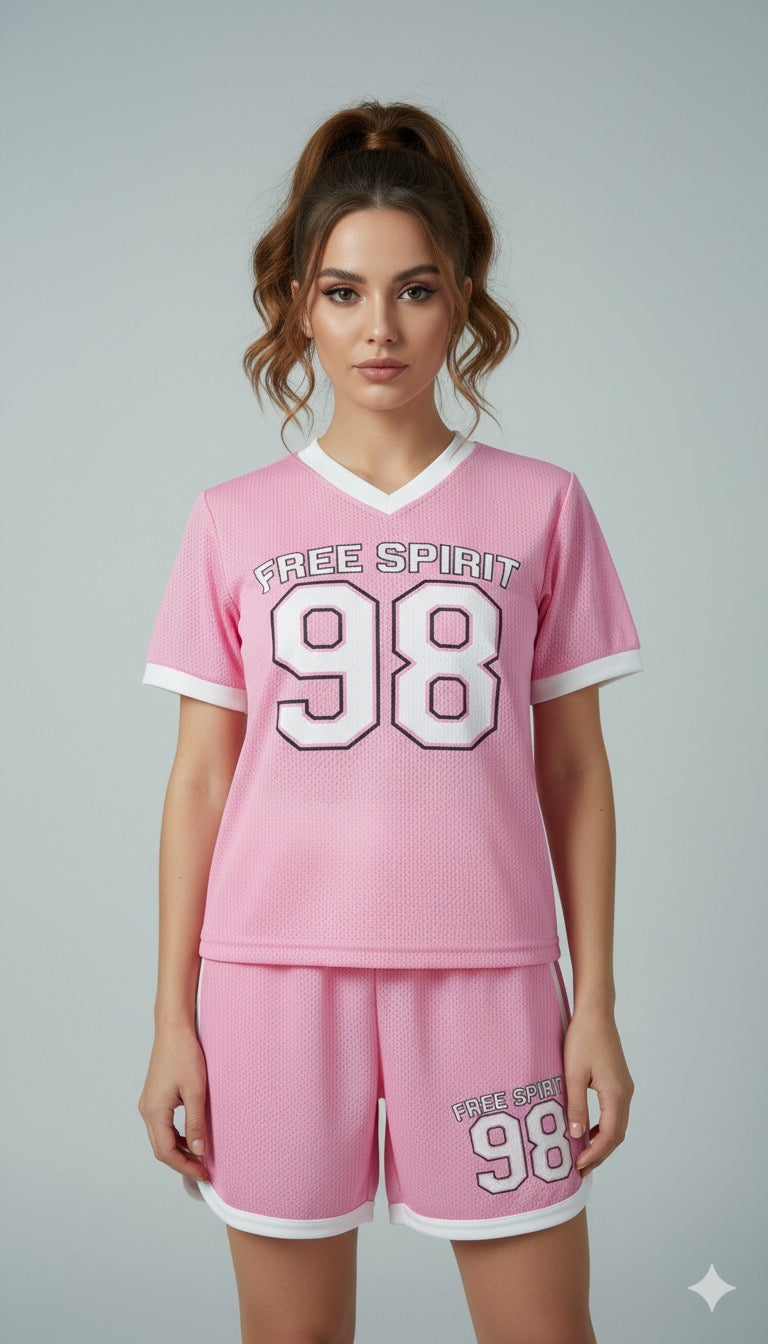 AD Retro Digital Print Casual Versatile Short 2 Pcs set in Pink.