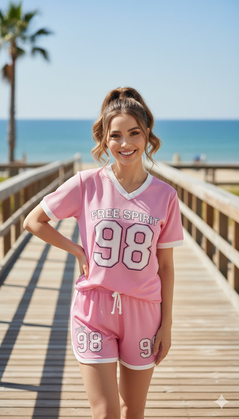 AD Retro Digital Print Casual Versatile Short 2 Pcs set in Pink.