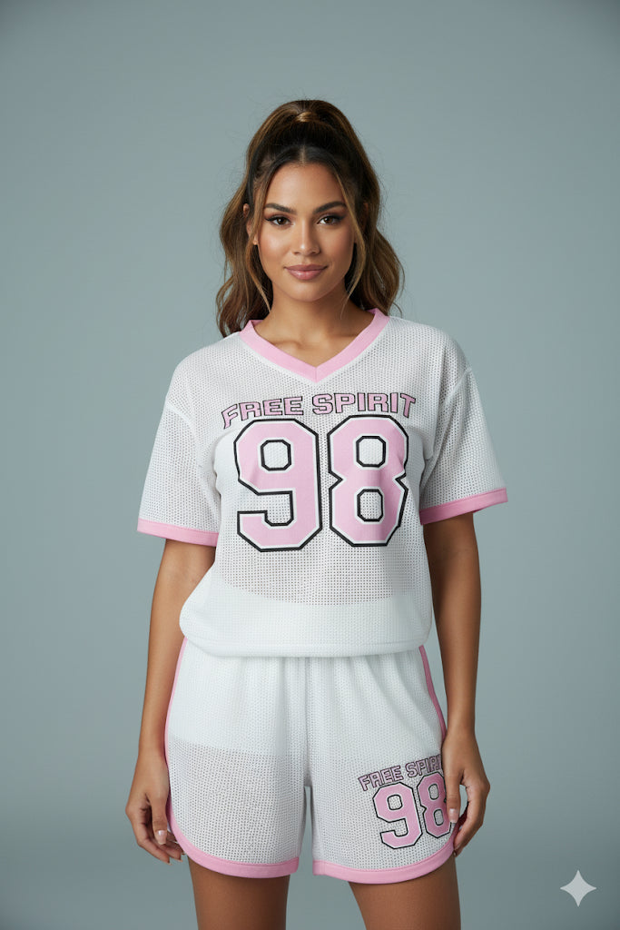 AD Retro Digital Print Casual Versatile Short 2 Pcs set in White.