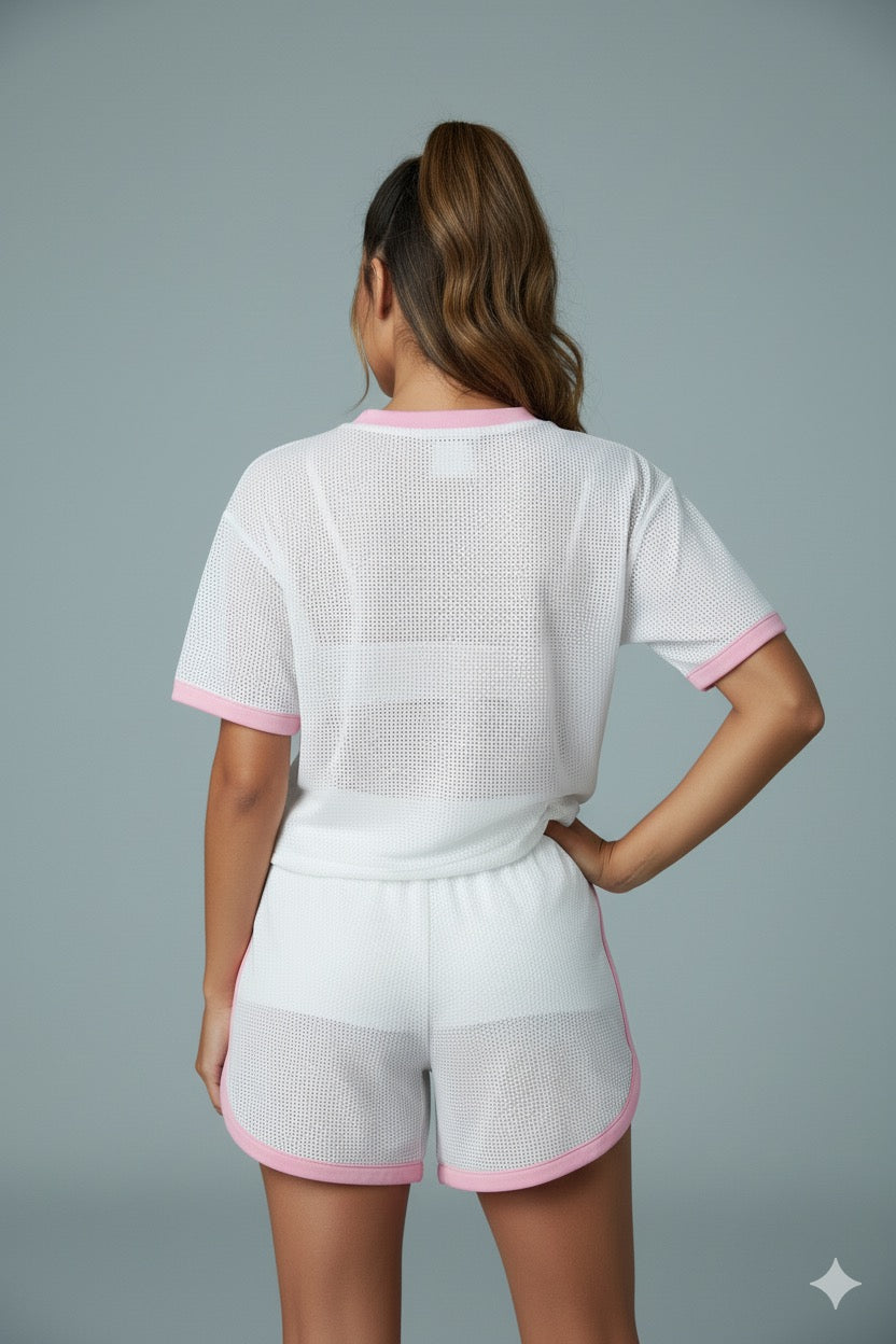 AD Retro Digital Print Casual Versatile Short 2 Pcs set in White.