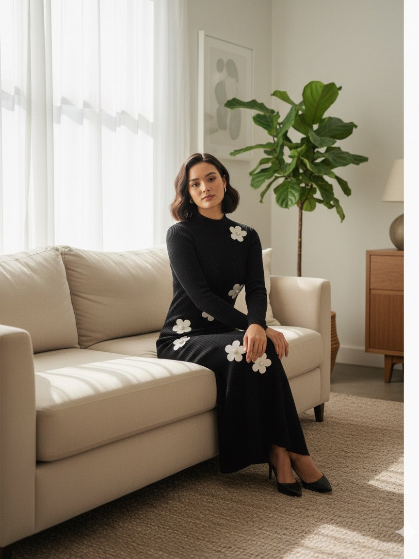 AD Elegant Woman Floral Decor Causal Midi Dress