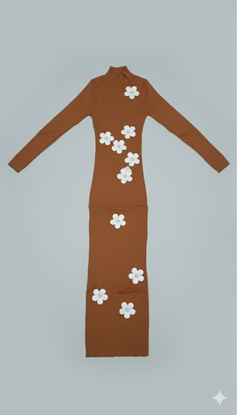 AD Elegant Woman Floral Decor Causal Midi Dress in brown