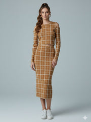 AD Checker Print Cold Shoulder  Crop Top & Midi Skirt  2 Pcs Set in Mustard