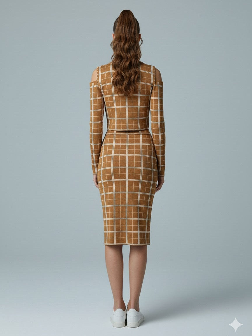 AD Checker Print Cold Shoulder  Crop Top & Midi Skirt  2 Pcs Set in Mustard