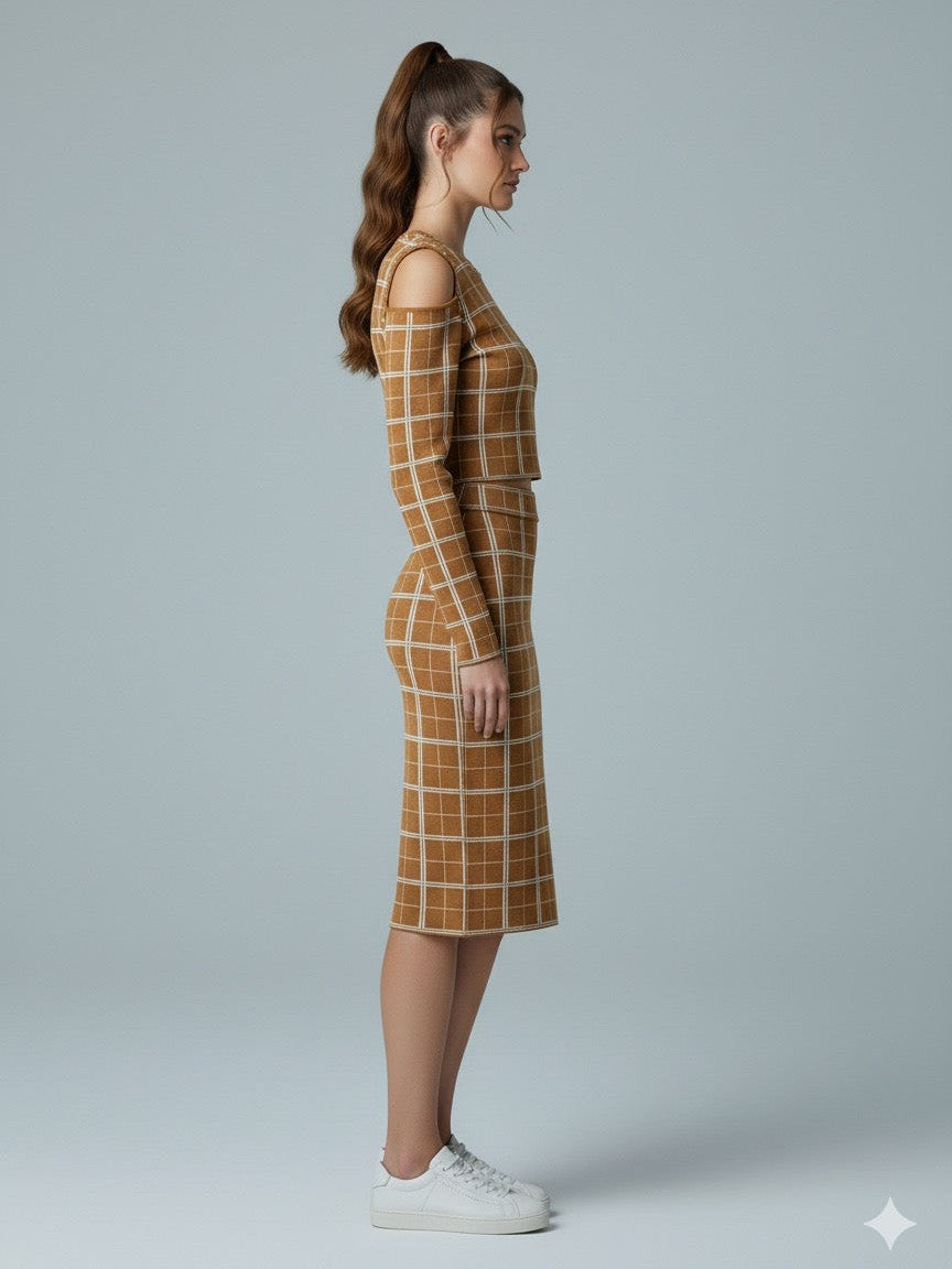 AD Checker Print Cold Shoulder  Crop Top & Midi Skirt  2 Pcs Set in Mustard